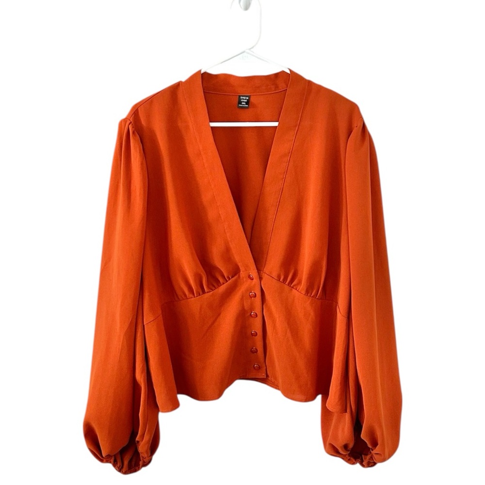 SHEIN Curve Orange V-Neck Balloon Sleeve Blouse